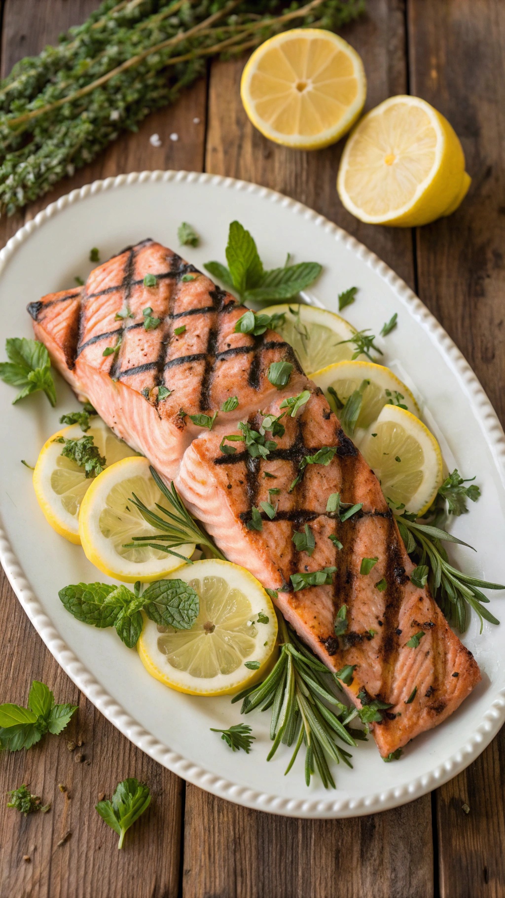 Grilled salmon fillet garnished with herbs and lemon slices on a white plate