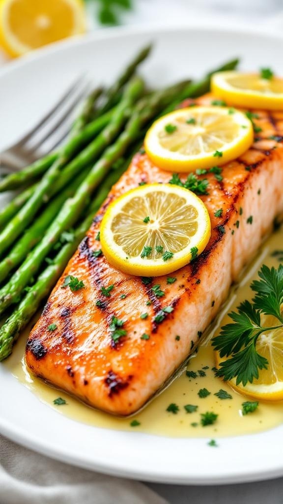 Grilled salmon fillet with lemon slices and asparagus on a plate.