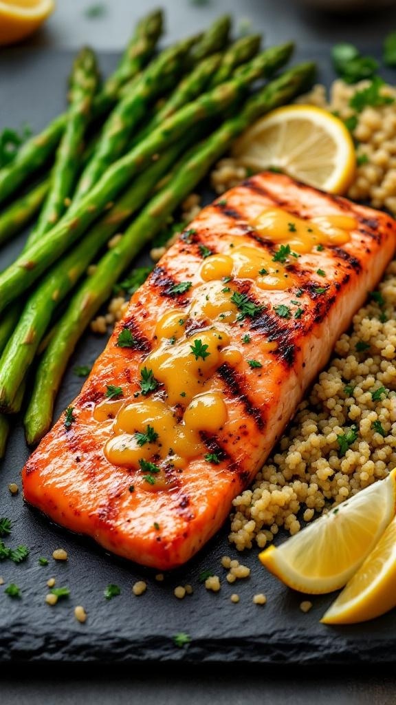 Zesty lemon herb grilled salmon served with asparagus and couscous