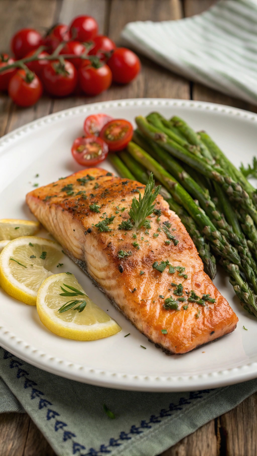 Grilled salmon fillet with lemon slices, asparagus, and cherry tomatoes on a plate.
