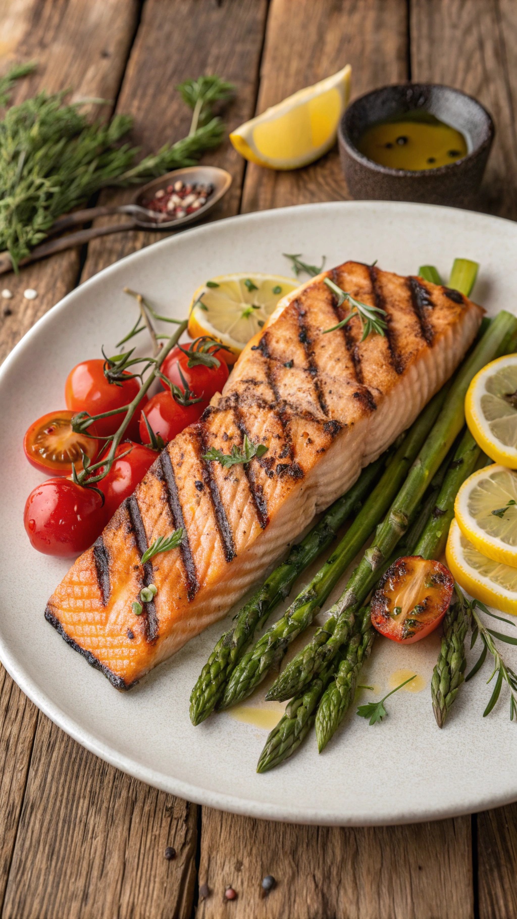 Grilled salmon fillet with asparagus and cherry tomatoes, garnished with lemon slices and herbs.