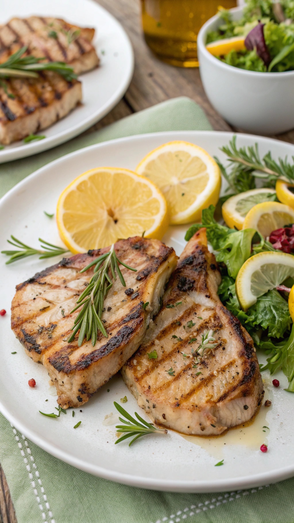 Grilled pork chops with lemon slices and fresh herbs on a plate
