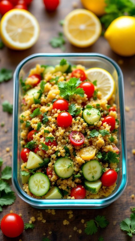 A colorful quinoa salad with cherry tomatoes, cucumbers, and lemon, ready for meal prep.