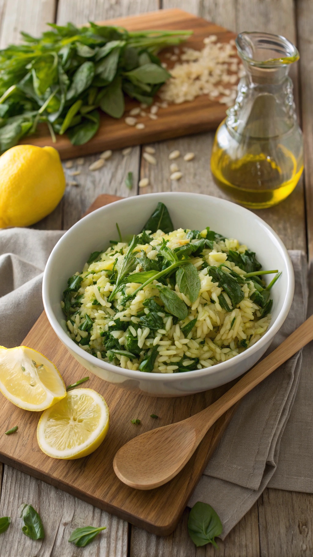 A bowl of zesty lemon herb rice with spinach, garnished with fresh herbs and lemon slices, on a wooden cutting board.