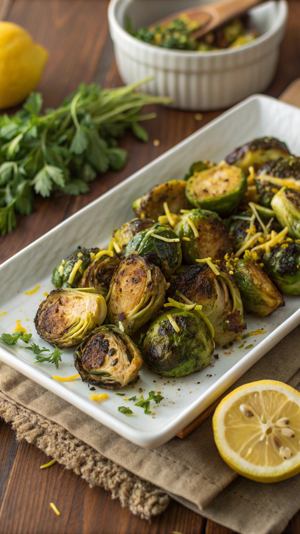 A plate of roasted Brussels sprouts garnished with lemon zest and fresh herbs.