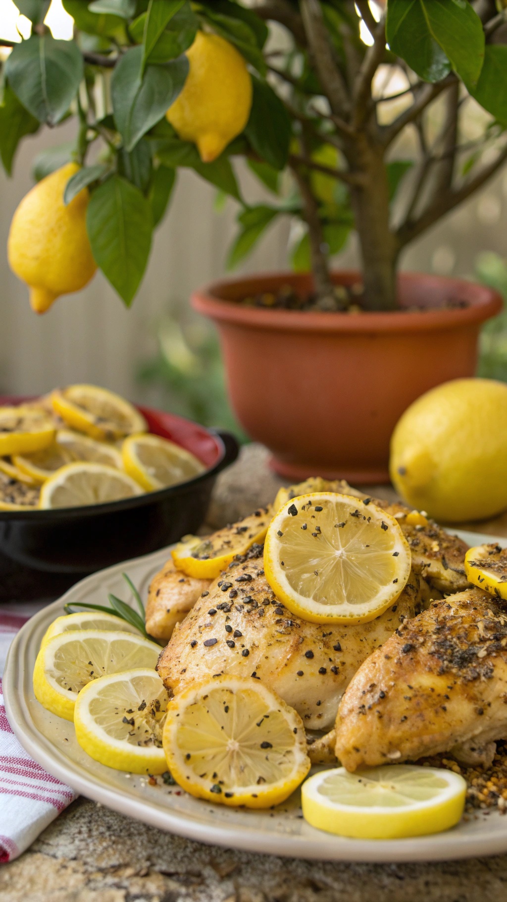 A plate of Zesty Lemon Pepper Chicken garnished with lemon slices and pepper, with a lemon tree in the background.
