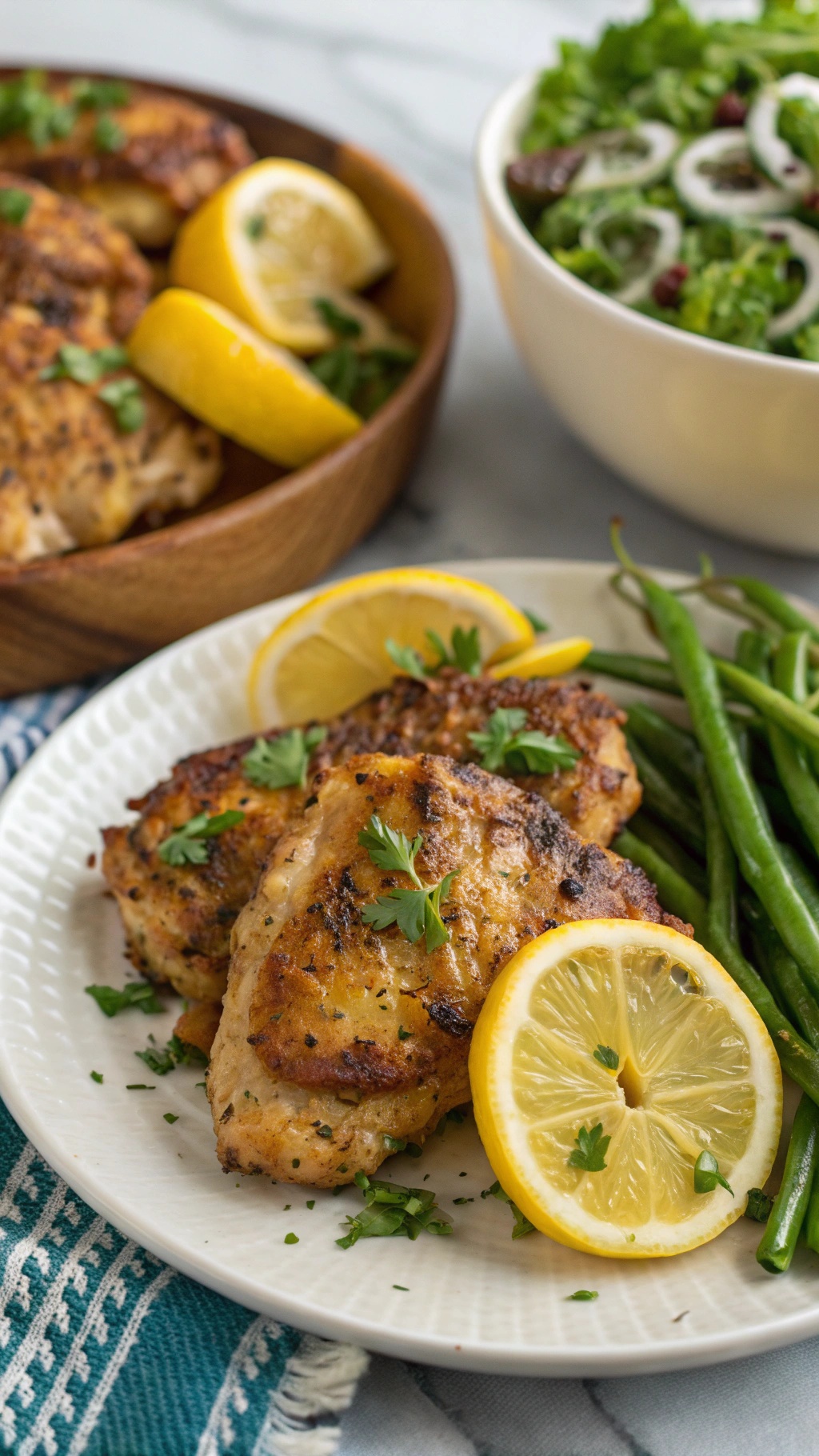 Zesty Lemon Pepper Chicken Thighs served with lemon slices and green beans