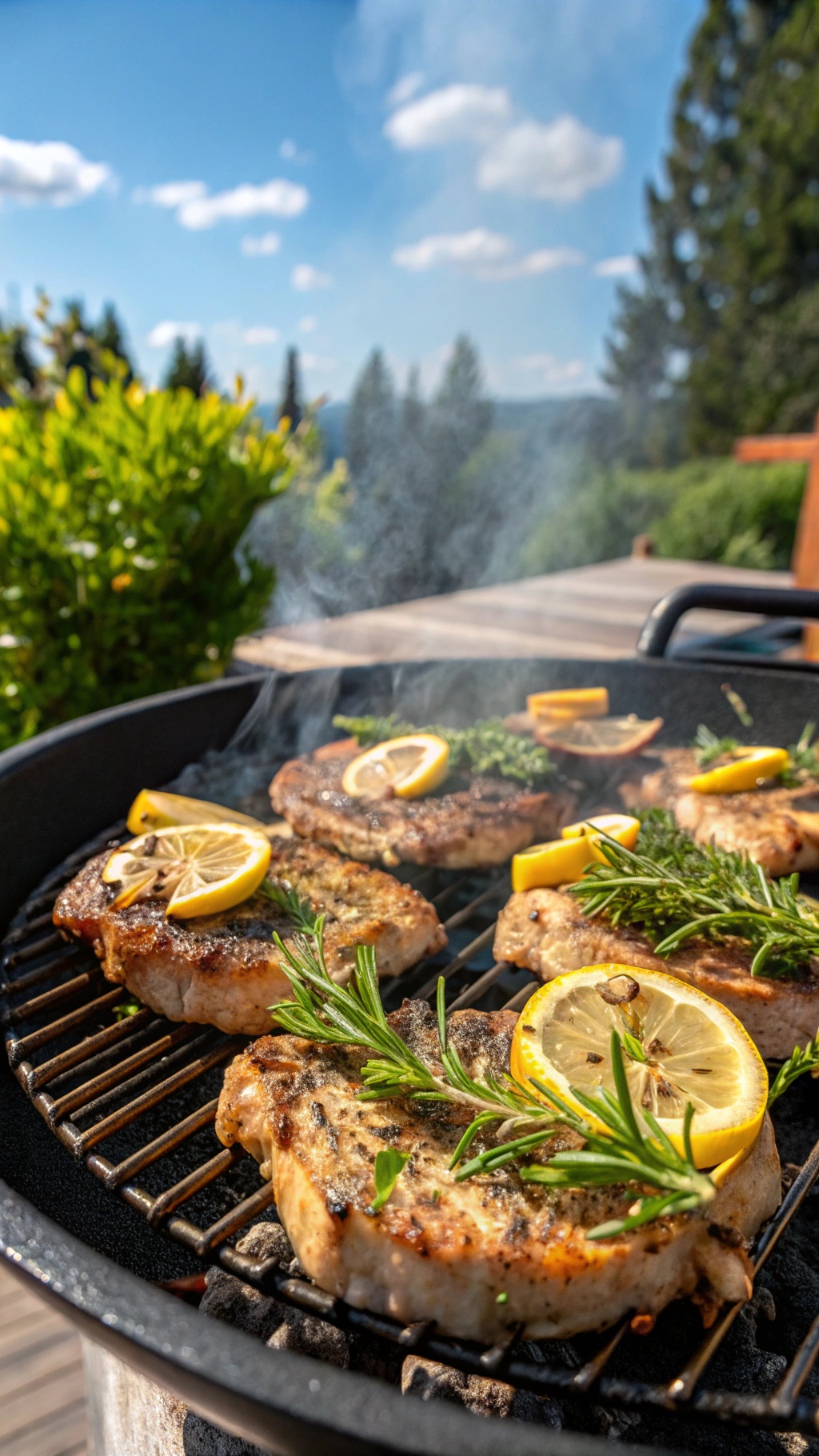 Grilled pork chops with lemon slices and rosemary on a barbecue grill