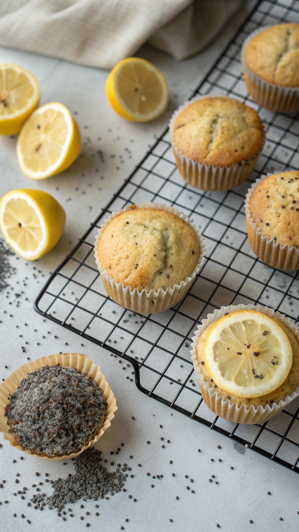 Zesty lemon poppy seed muffins on a cooling rack with lemon halves and poppy seeds scattered around.