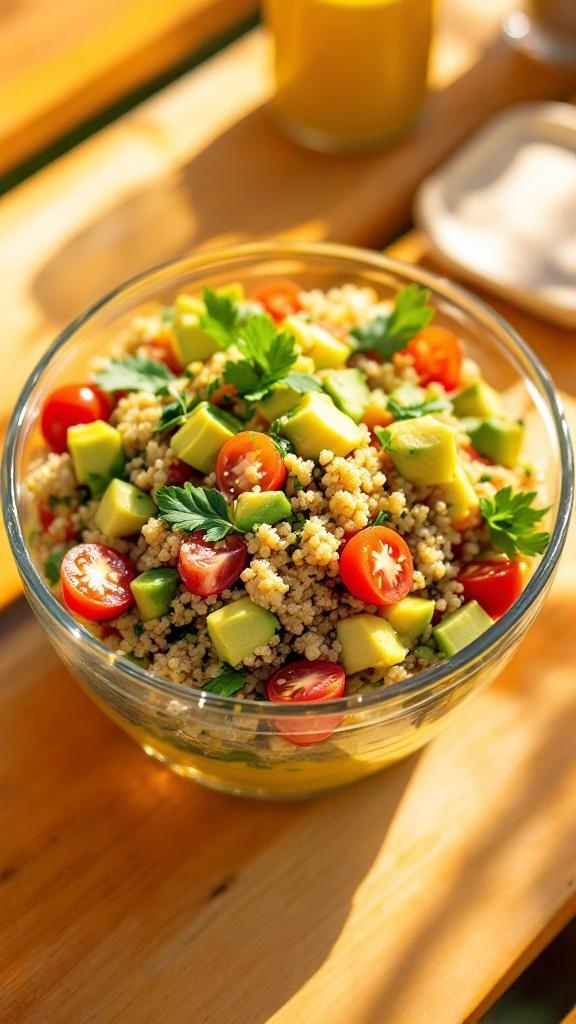 A vibrant bowl of quinoa salad with avocado, cherry tomatoes, and parsley, showcasing a healthy summer dish.