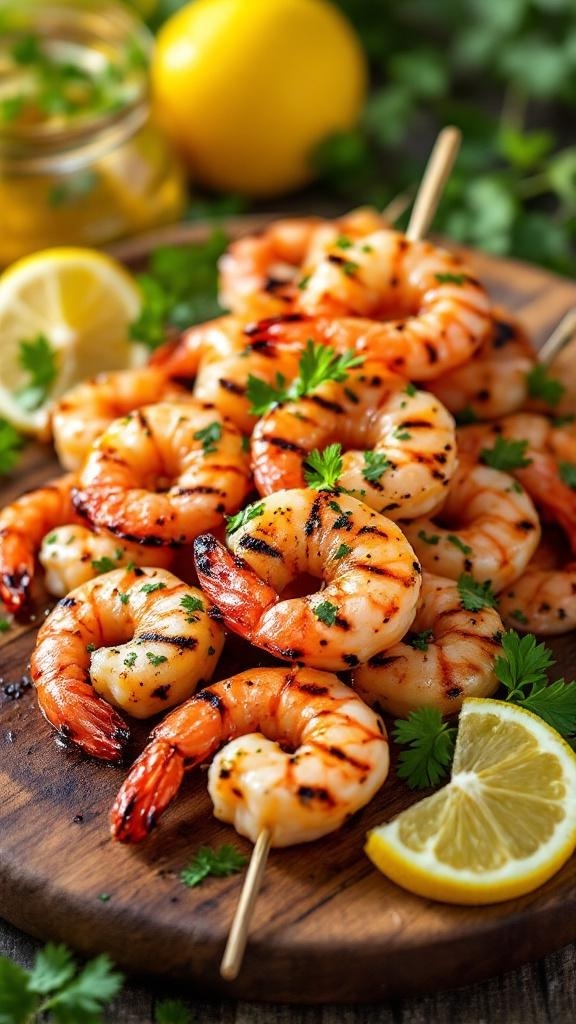 Grilled lemon shrimp skewers garnished with parsley and lemon slices on a wooden platter.
