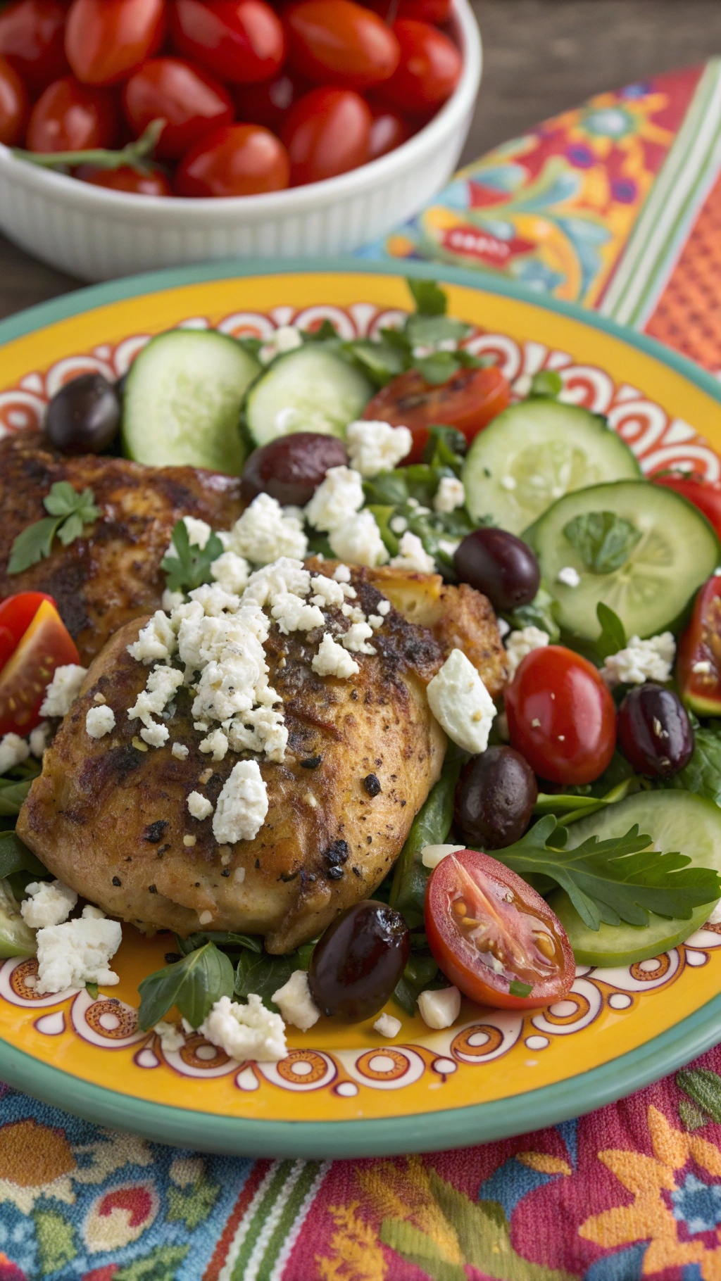 A colorful plate of zesty Mediterranean chicken thighs topped with feta cheese, olives, and fresh vegetables.