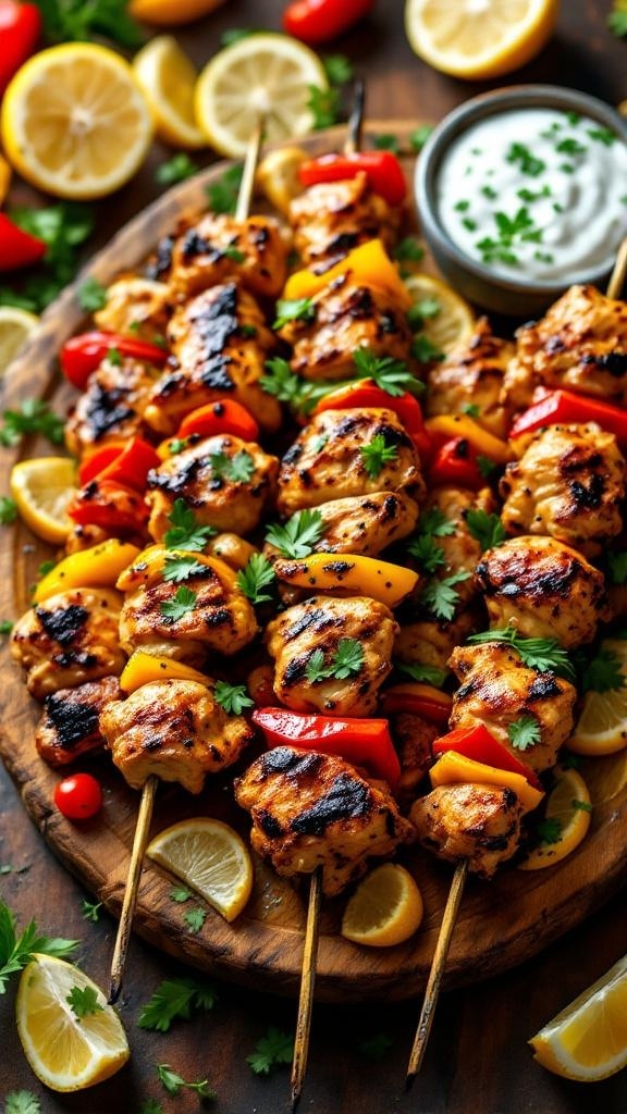 Grilled chicken skewers with bell peppers and cherry tomatoes, garnished with parsley and lemon slices.