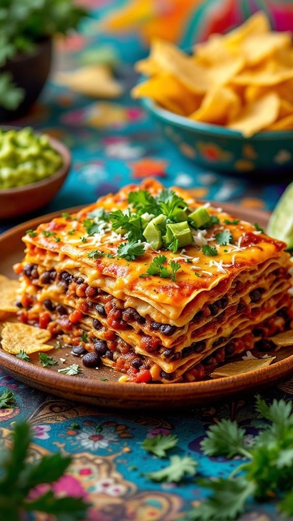 A colorful plate of Zesty Mexican Lasagna with beans and salsa, garnished with cilantro and green peppers, served with tortilla chips and guacamole.