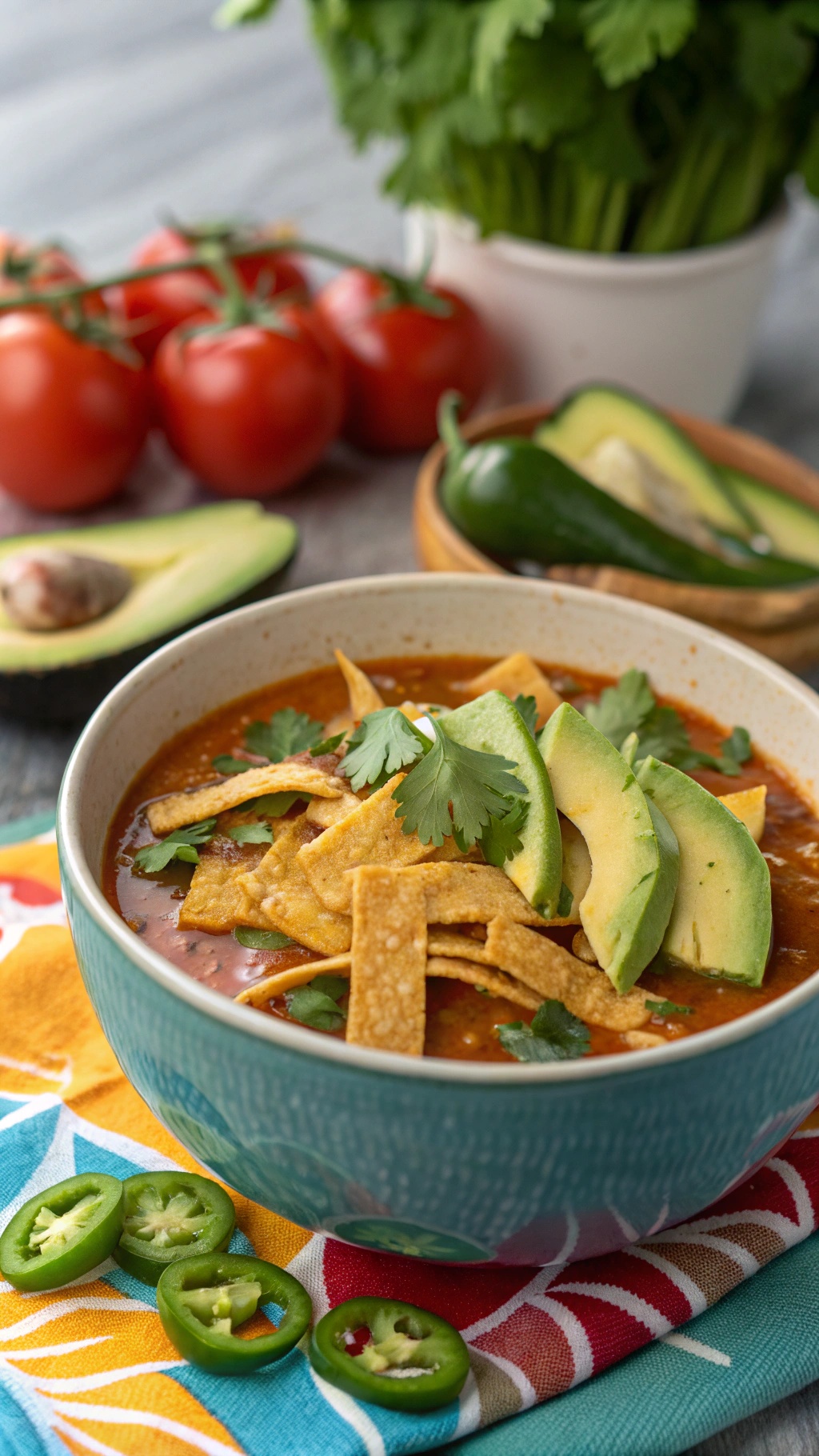 A bowl of Zesty Mexican Tortilla Soup garnished with avocado, tortilla strips, and cilantro, with fresh tomatoes and jalapeños in the background.
