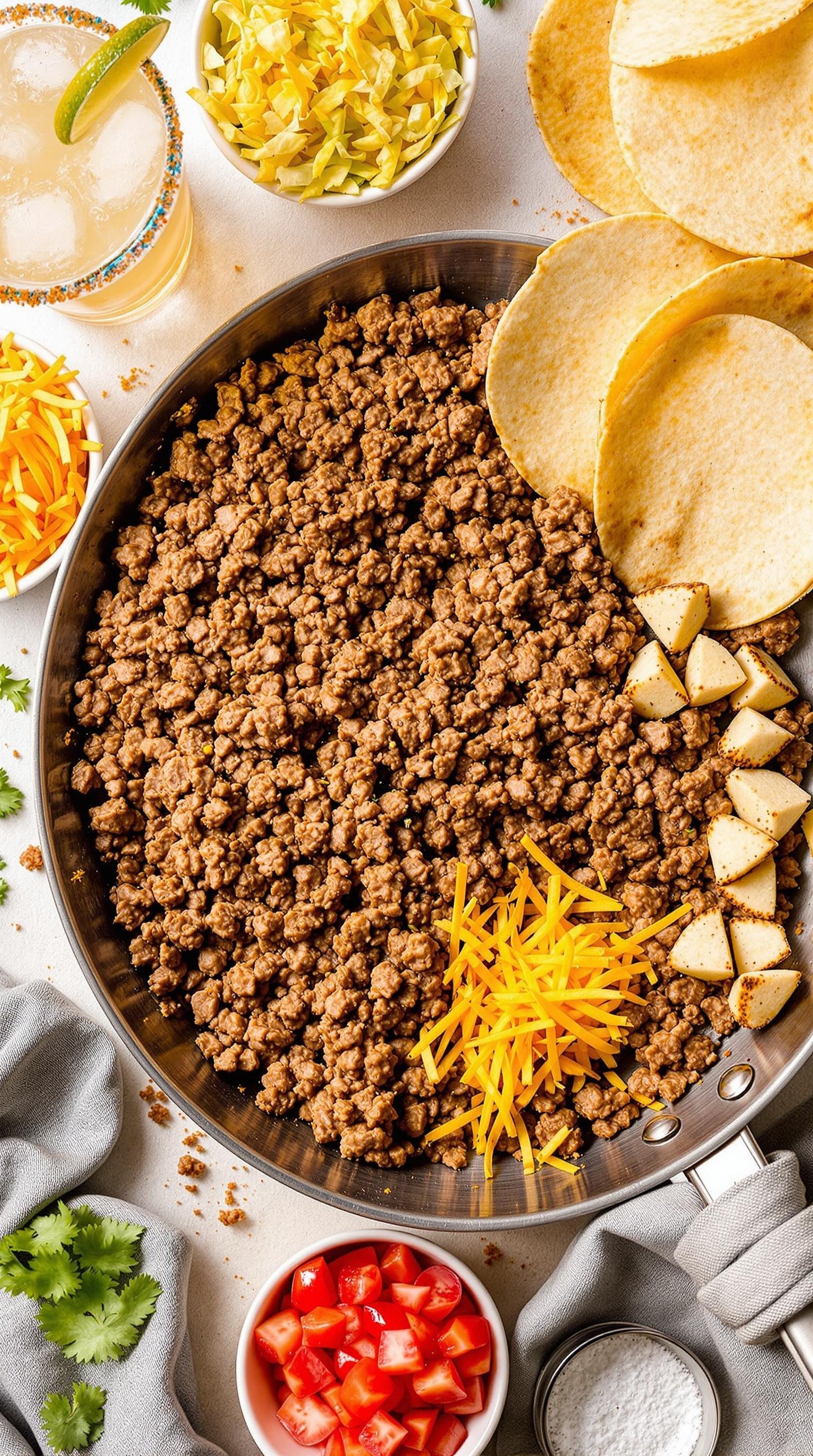A skillet filled with seasoned ground beef, shredded cheese, and fresh toppings for tacos.