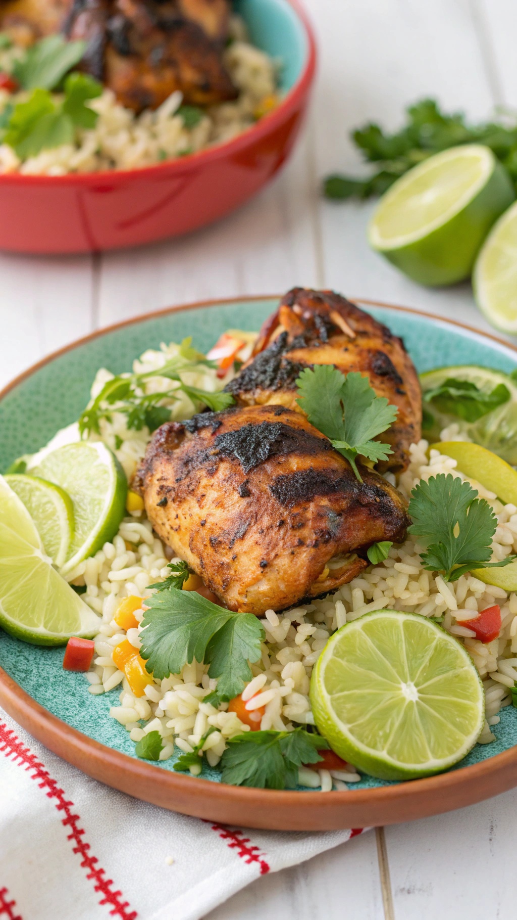 A plate of zesty one-pan chicken thighs served with cilantro lime rice, garnished with lime wedges and fresh cilantro.
