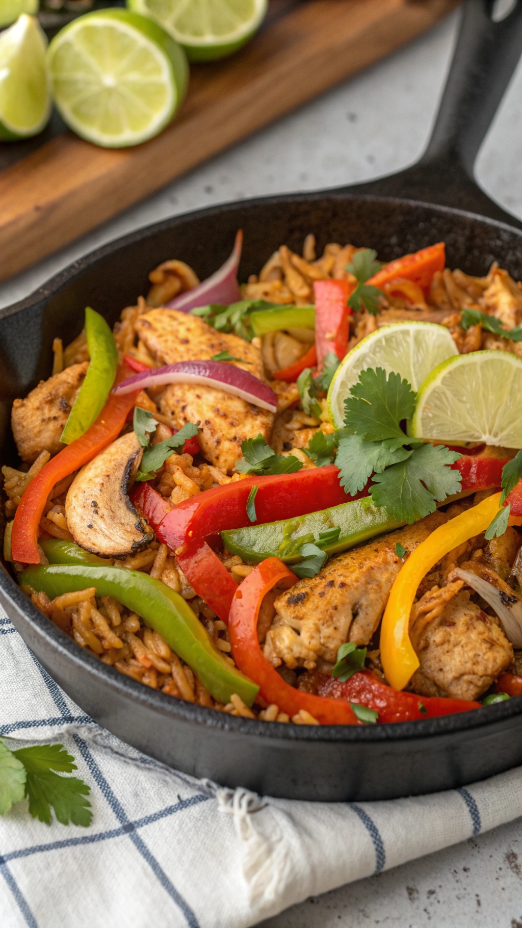 A colorful one-pot chicken fajita rice dish with sliced bell peppers, chicken, and lime wedges.