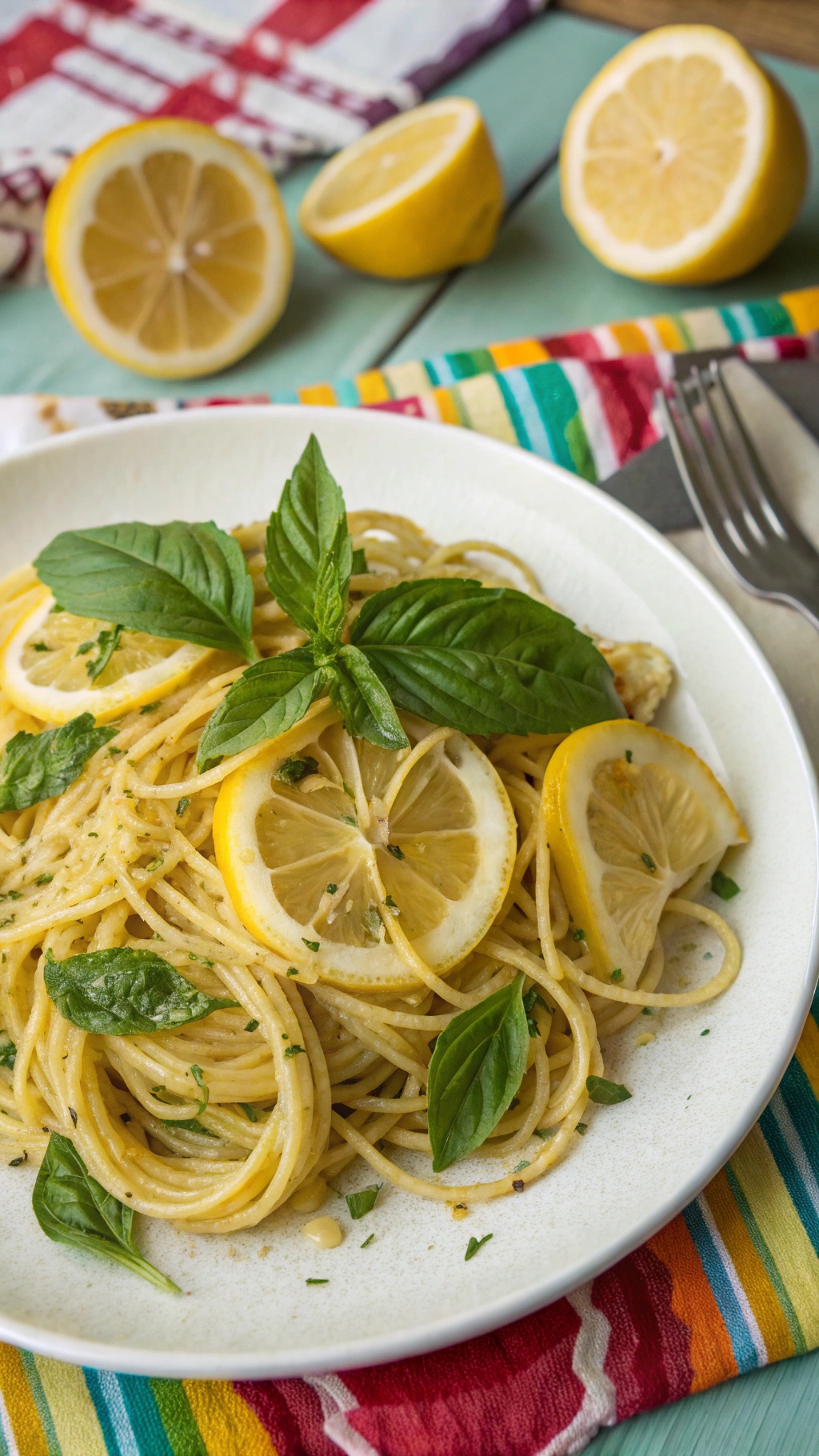 A plate of lemon basil spaghetti garnished with lemon slices and fresh basil leaves.
