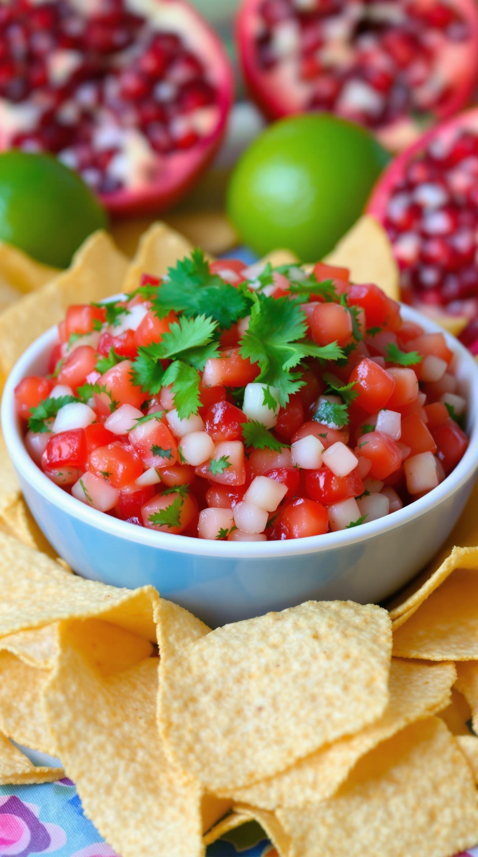 A bowl of zesty pomegranate salsa surrounded by tortilla chips, with pomegranates and limes in the background.