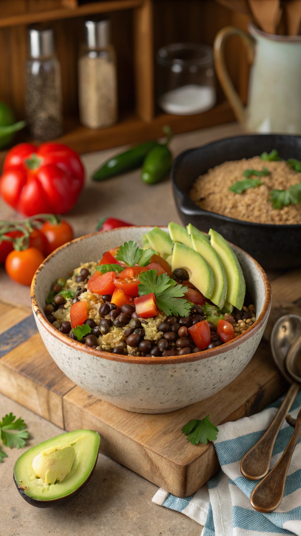 A colorful bowl of quinoa and black beans topped with fresh tomatoes, avocado, and cilantro.