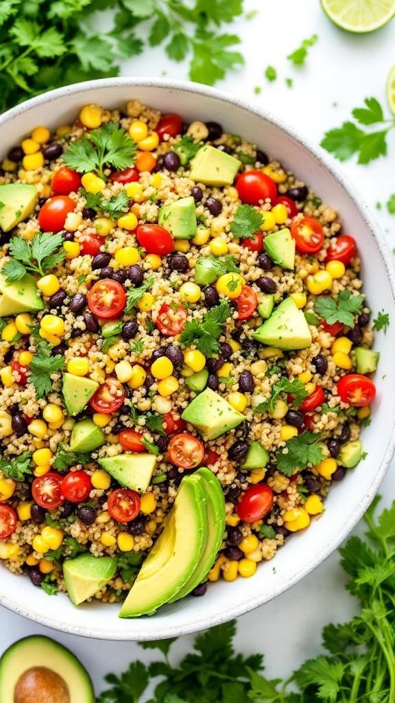 A vibrant quinoa salad with black beans, corn, cherry tomatoes, and avocado, garnished with cilantro.