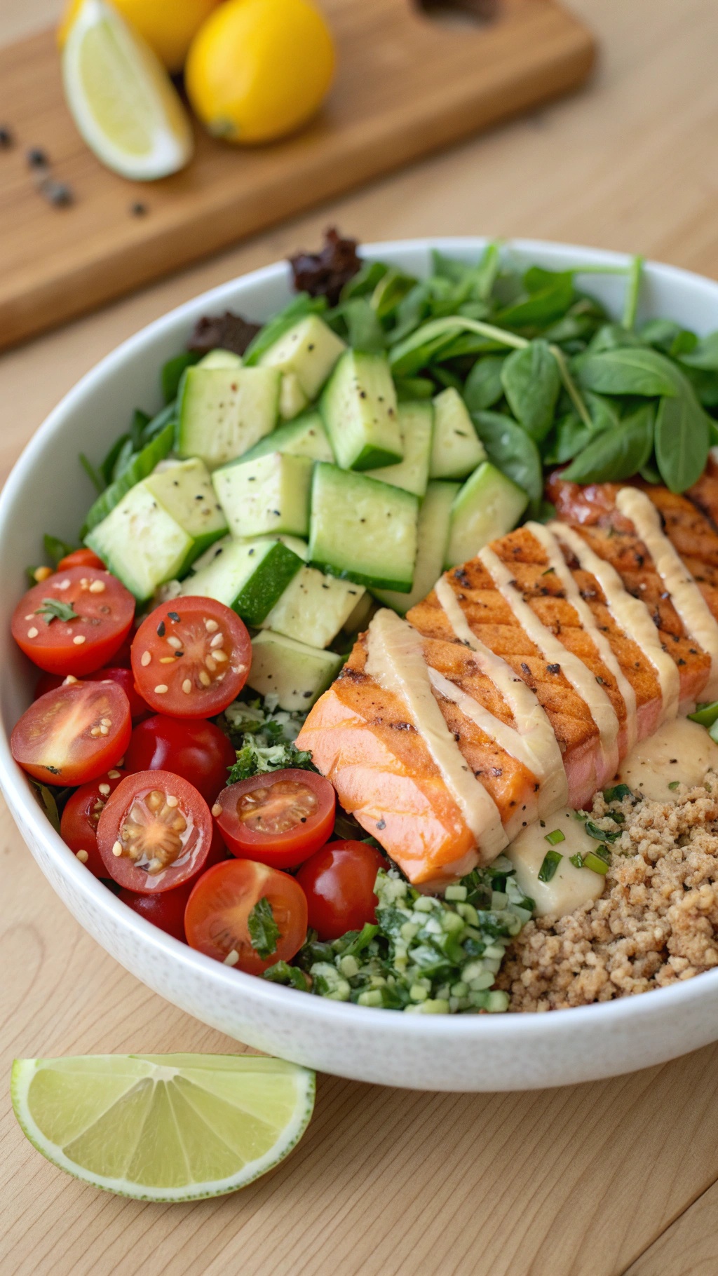 A colorful bowl featuring grilled salmon, quinoa, fresh vegetables, and a lime wedge.