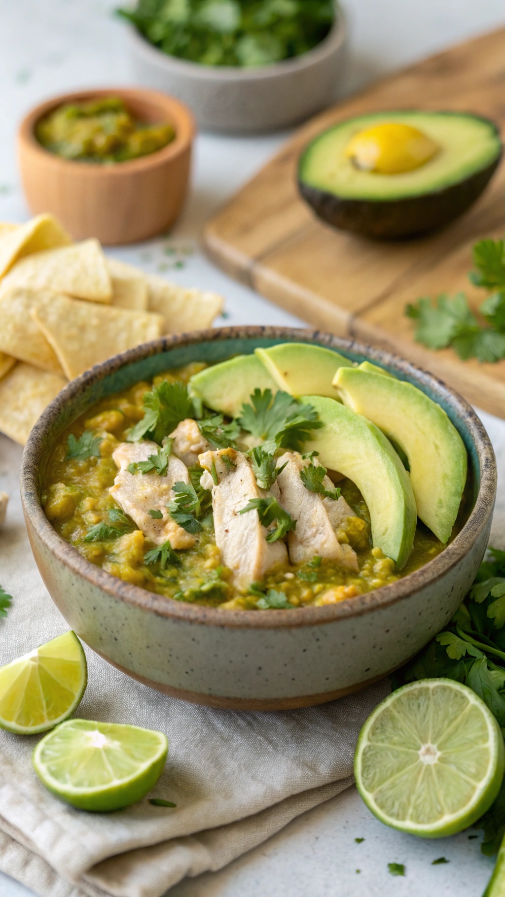 A bowl of Zesty Salsa Verde Chicken topped with avocado slices and cilantro, served with lime and tortilla chips.