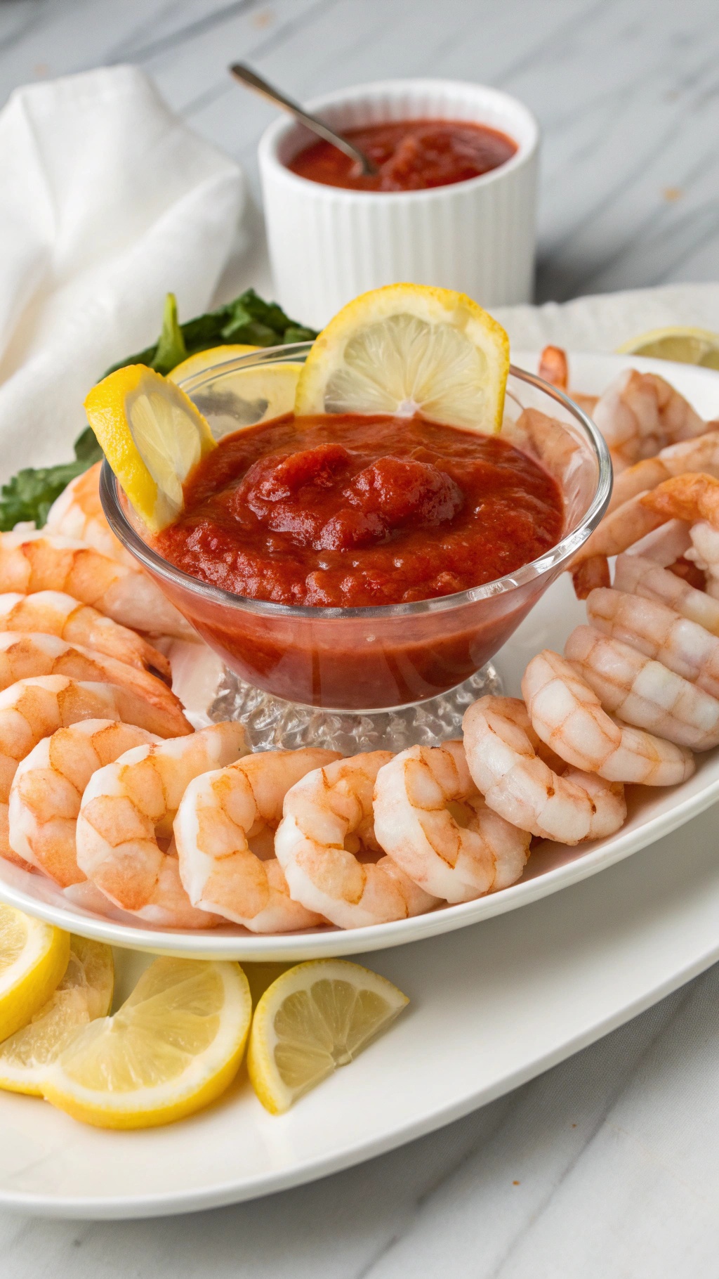 A zesty shrimp cocktail with homemade sauce, garnished with lemon slices.