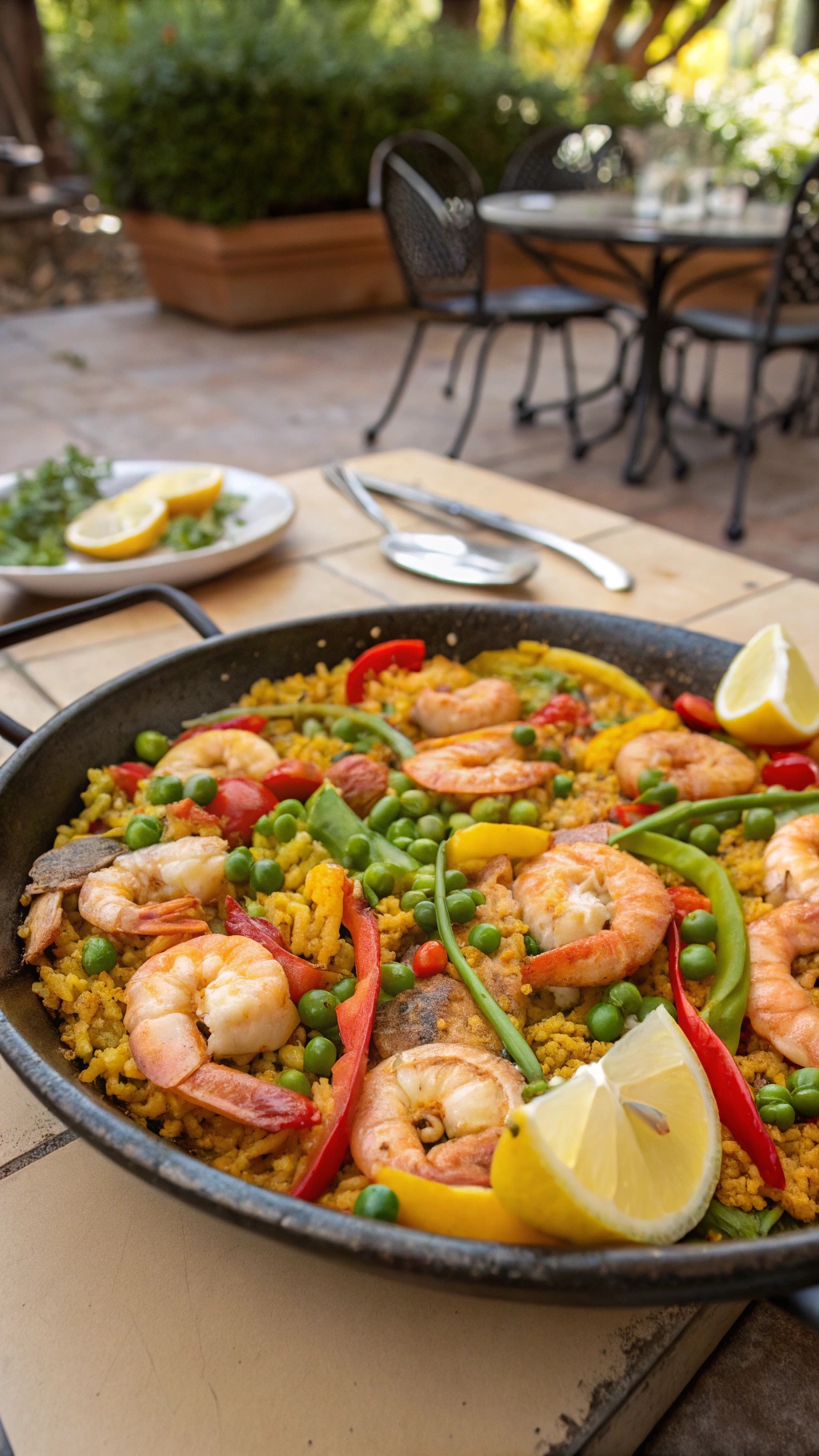 A colorful dish of shrimp paella with vegetables and lemon wedges on a table.