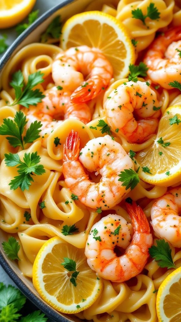 A bowl of Zesty Shrimp Tortellini with garlic, lemon, and parsley garnished with lemon slices.