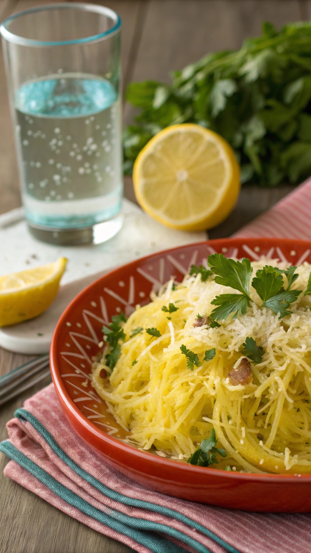 A bowl of zesty spaghetti squash with lemon and garlic, garnished with parsley and served with a glass of sparkling water.