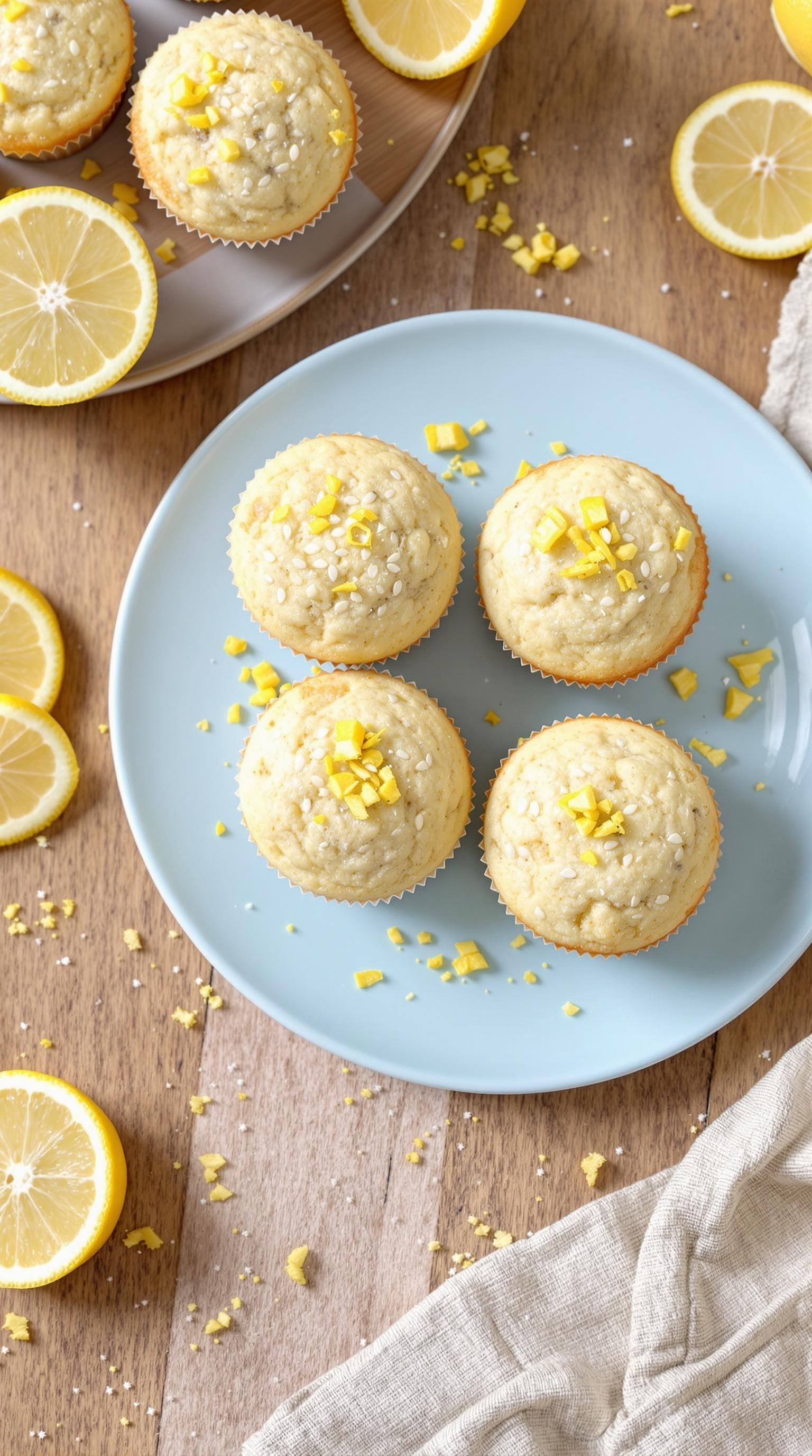 Lemon poppy seed protein muffins on a blue plate with lemon slices