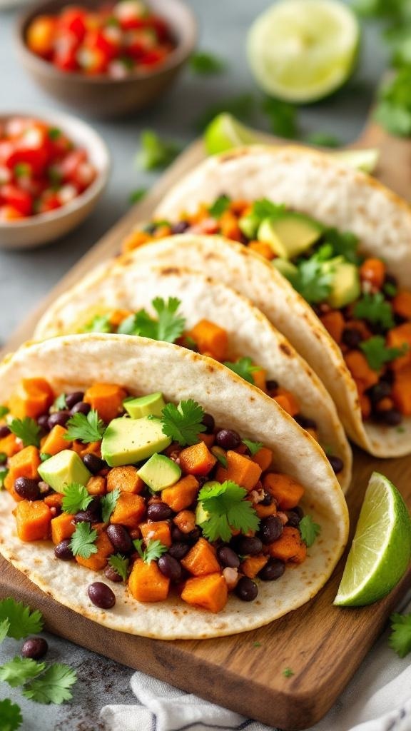 Zesty sweet potato and black bean tacos with avocado and cilantro on a wooden board