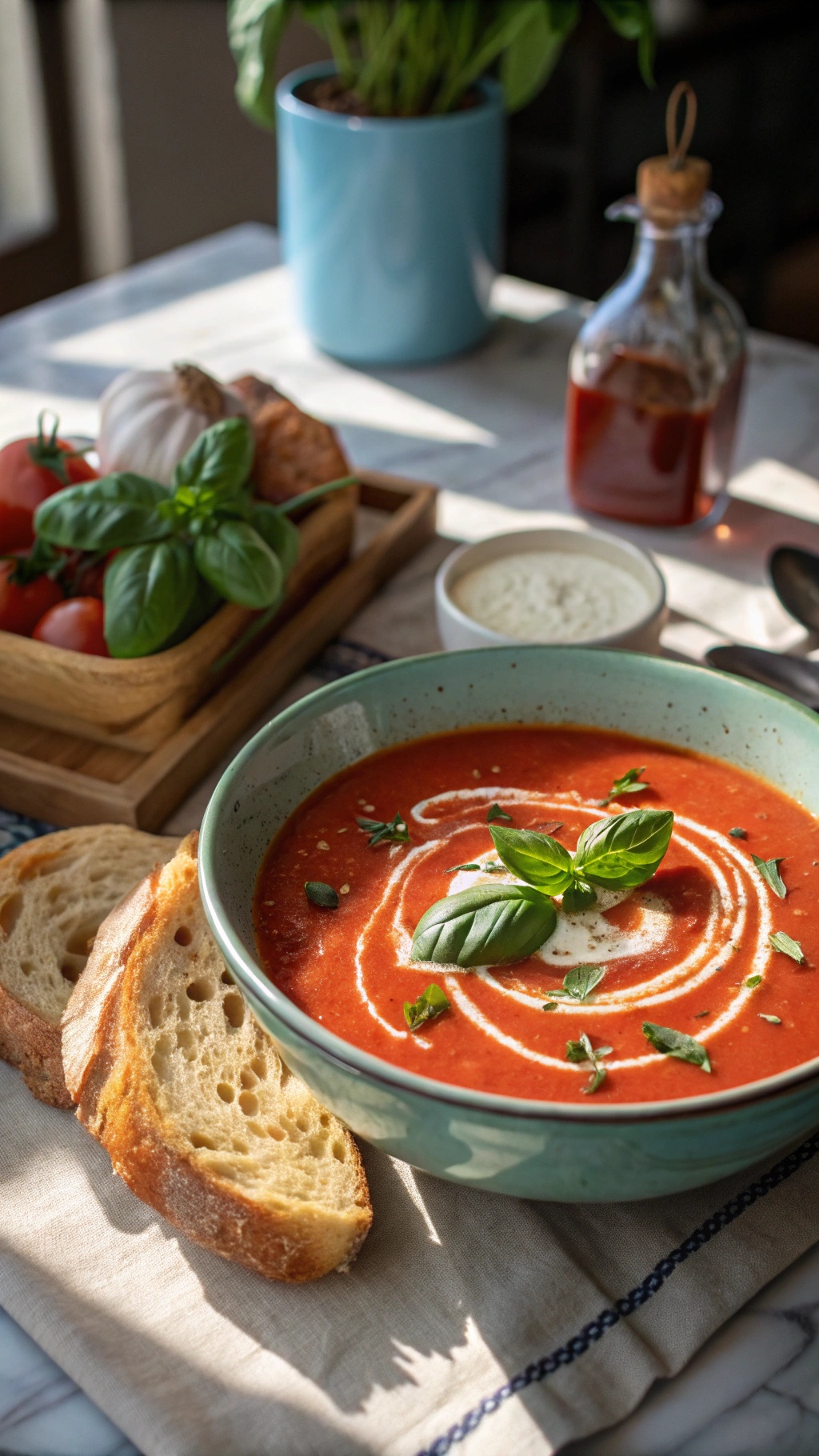 A bowl of zesty tomato basil soup with fresh basil leaves, a swirl of cream, and slices of bread on the side.