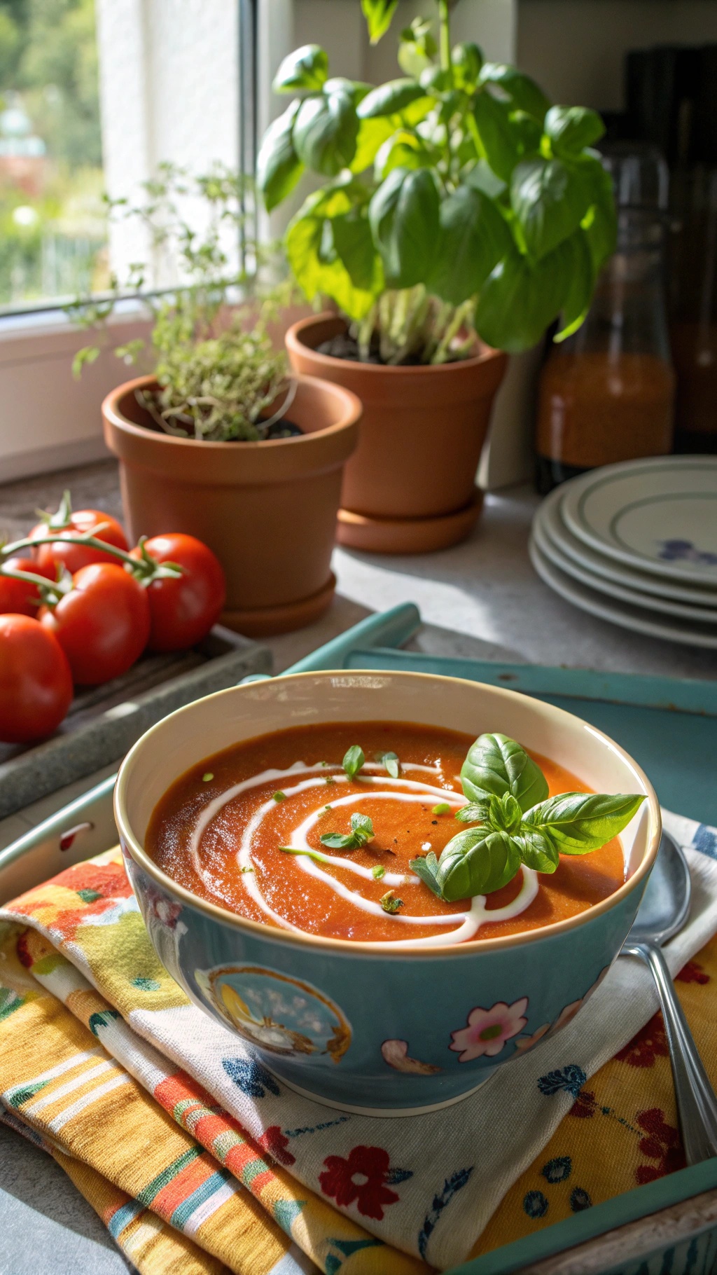 A bowl of zesty tomato detox soup garnished with basil, surrounded by fresh tomatoes and herbs.