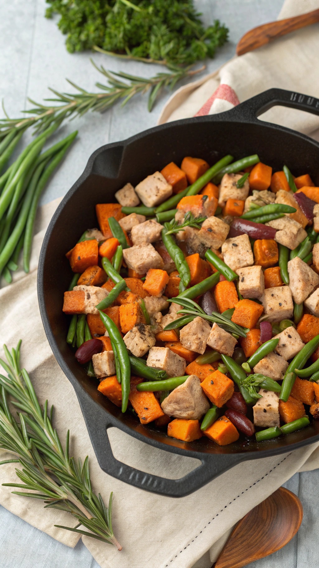 A colorful skillet filled with turkey, sweet potatoes, and green beans, garnished with fresh herbs.