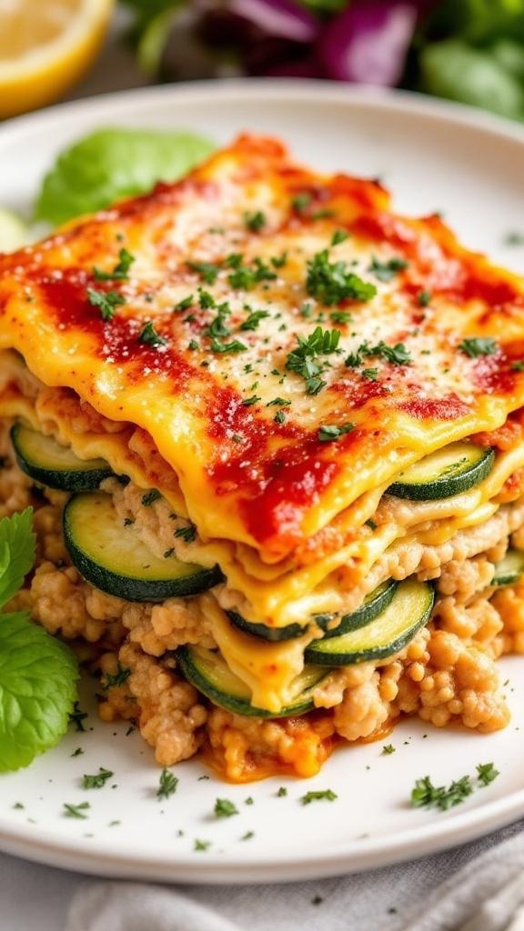 A delicious serving of Zesty Turkey and Zucchini Lasagna with layers of noodles, turkey, and zucchini.