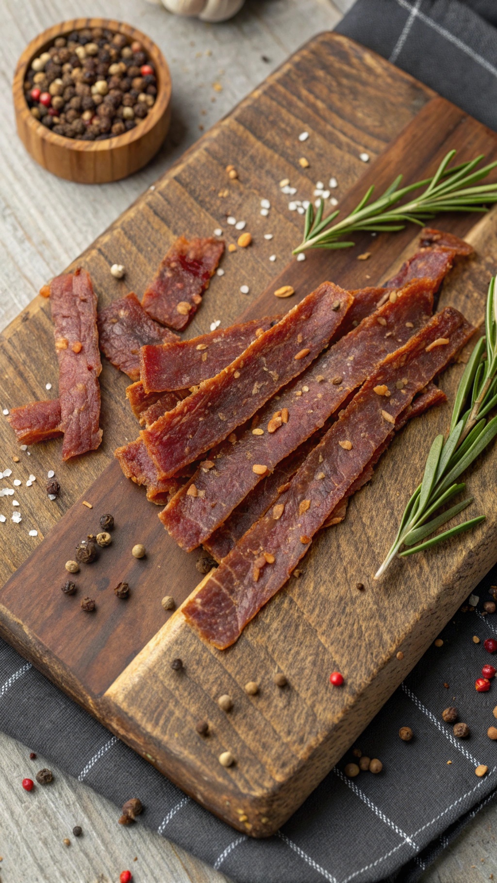 A wooden board with strips of turkey jerky, surrounded by spices and herbs.