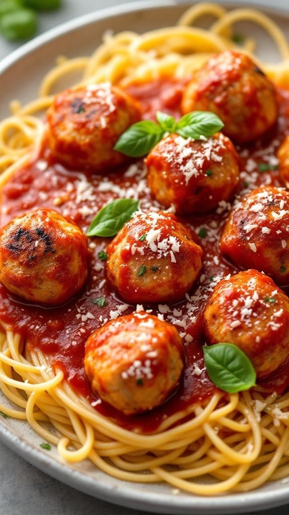 Plate of turkey meatballs served with spaghetti and marinara sauce, garnished with basil and cheese.