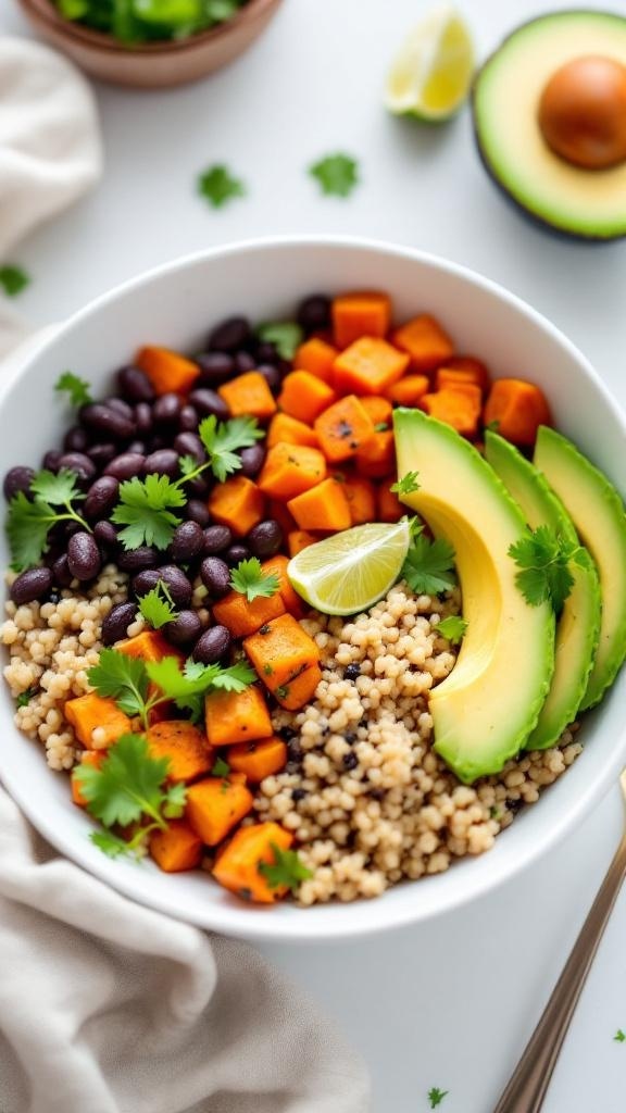 A colorful vegan breakfast bowl with couscous, roasted sweet potatoes, black beans, and avocado slices, garnished with cilantro and lime.