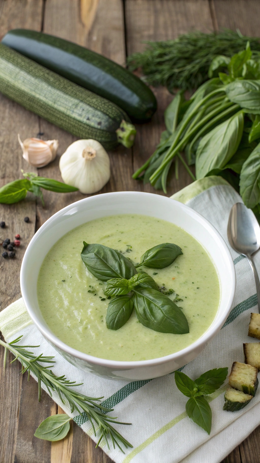A bowl of creamy zucchini and basil soup garnished with fresh basil leaves, surrounded by fresh ingredients like zucchini, garlic, and herbs.