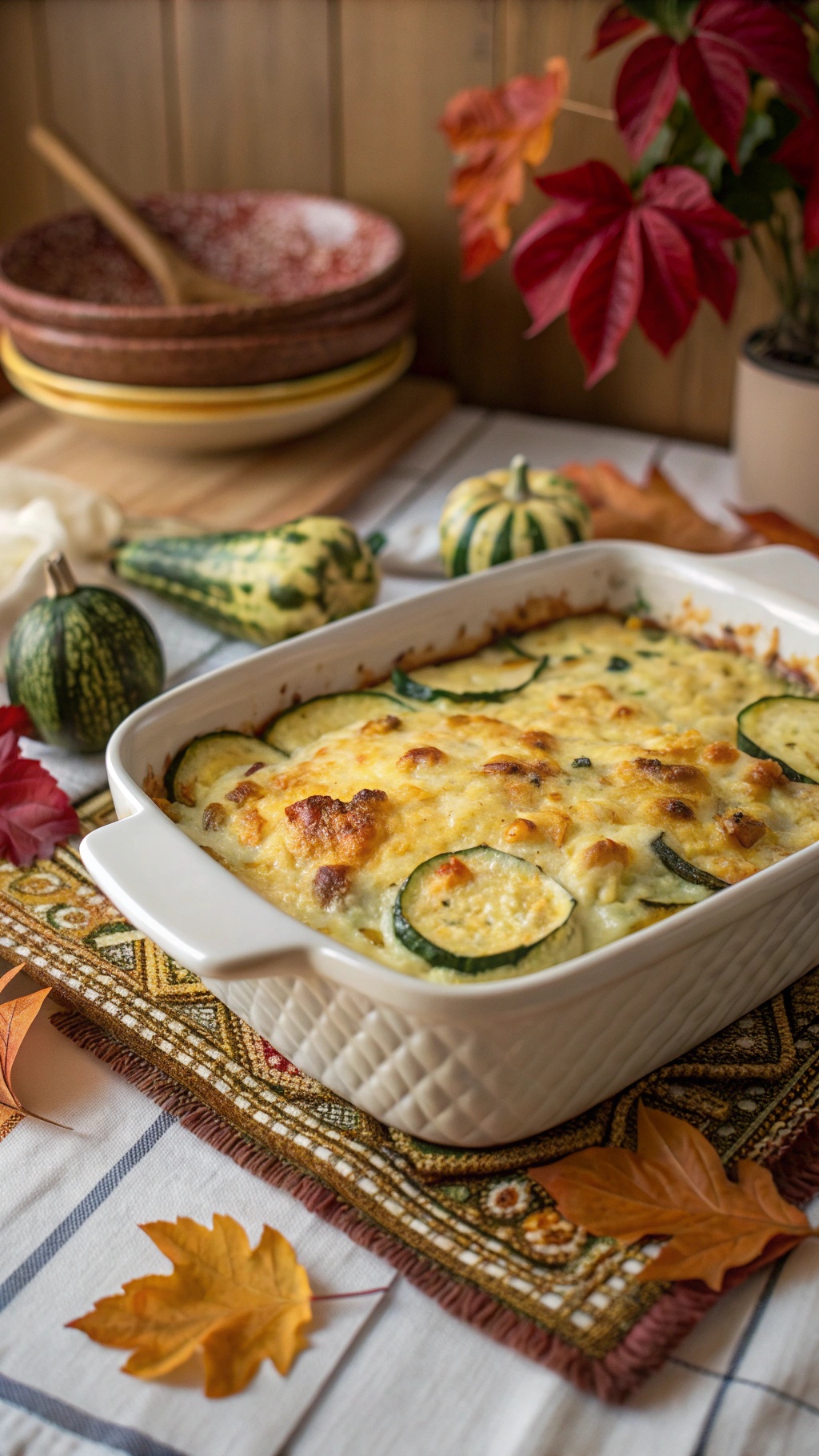 A creamy zucchini casserole baked in a white dish, surrounded by autumn leaves and decorative gourds.