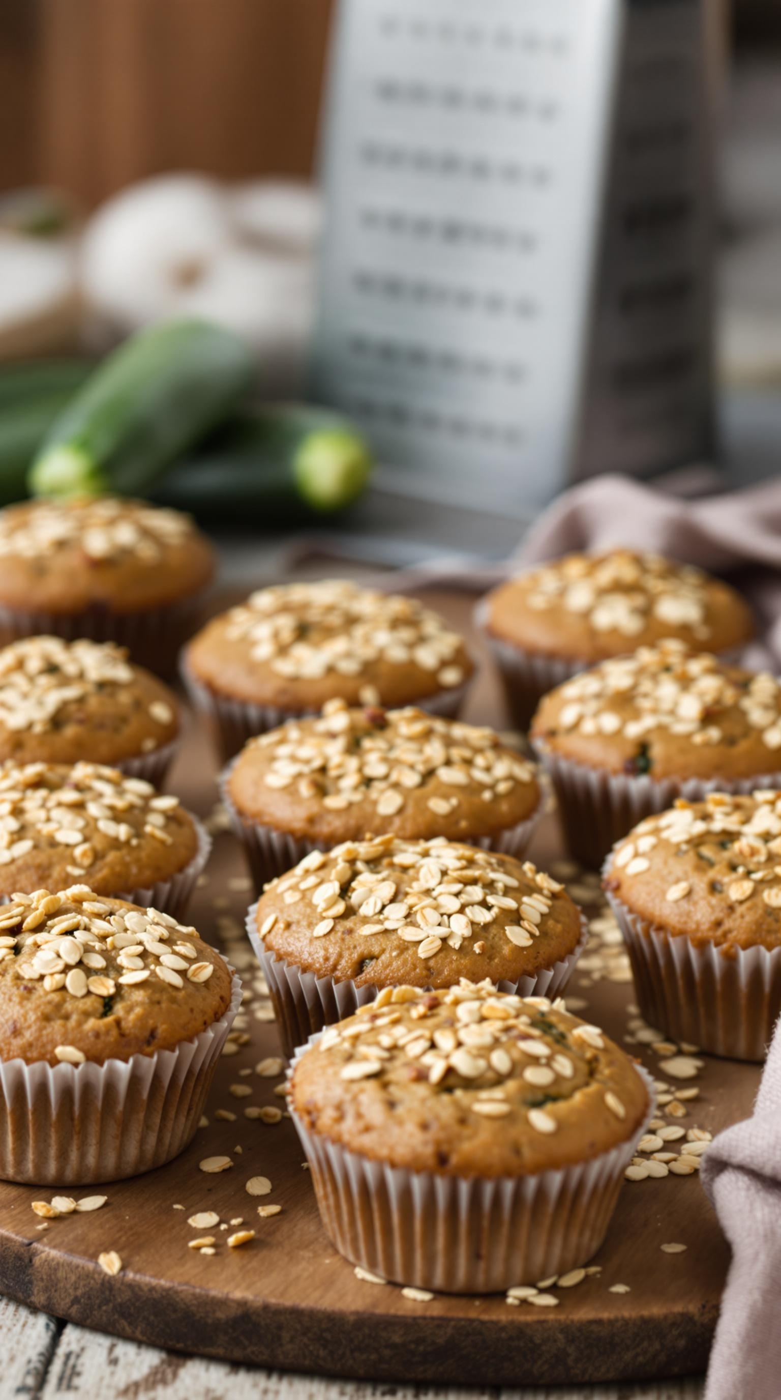 Freshly baked zucchini muffins topped with oats on a wooden board.