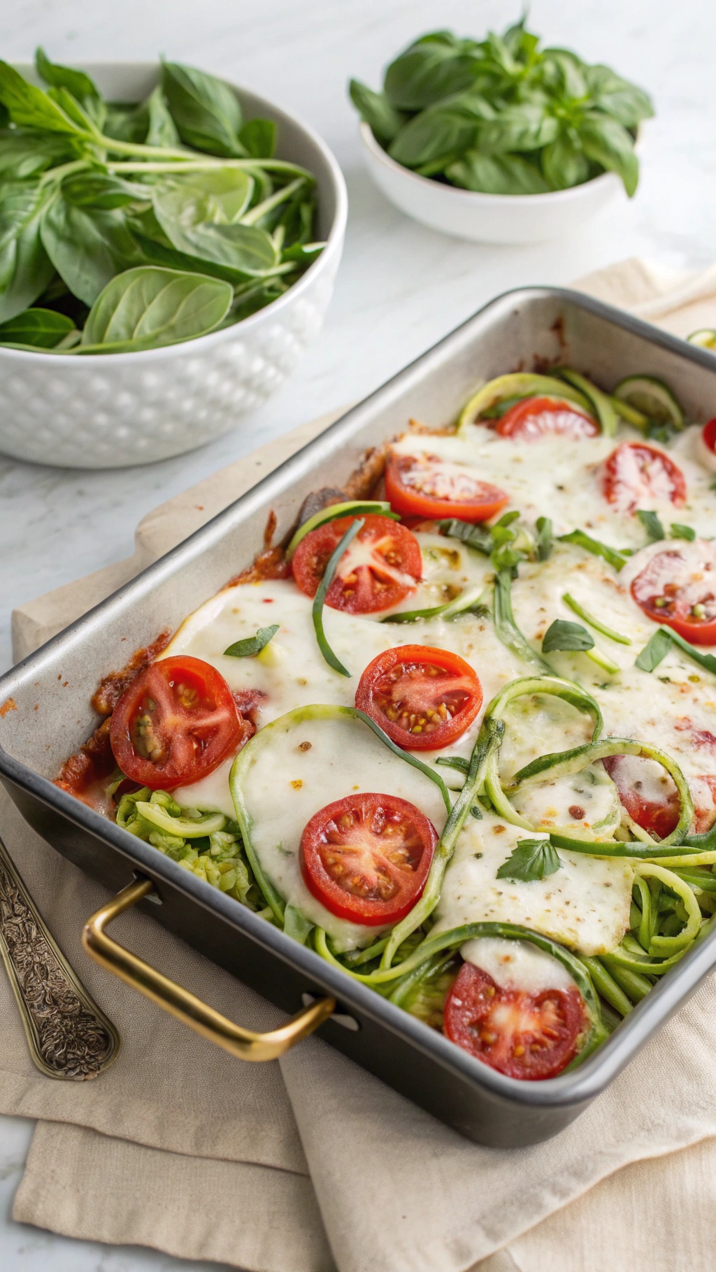 A delicious zucchini noodle bake with tomatoes and mozzarella cheese, garnished with fresh basil.