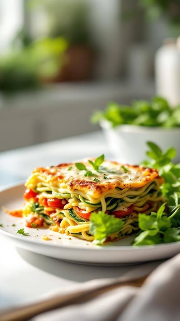 A delicious zucchini noodle lasagna layered with cheese and tomato sauce, garnished with fresh herbs.