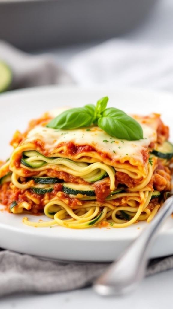 A plate of zucchini noodle lasagna topped with fresh basil.