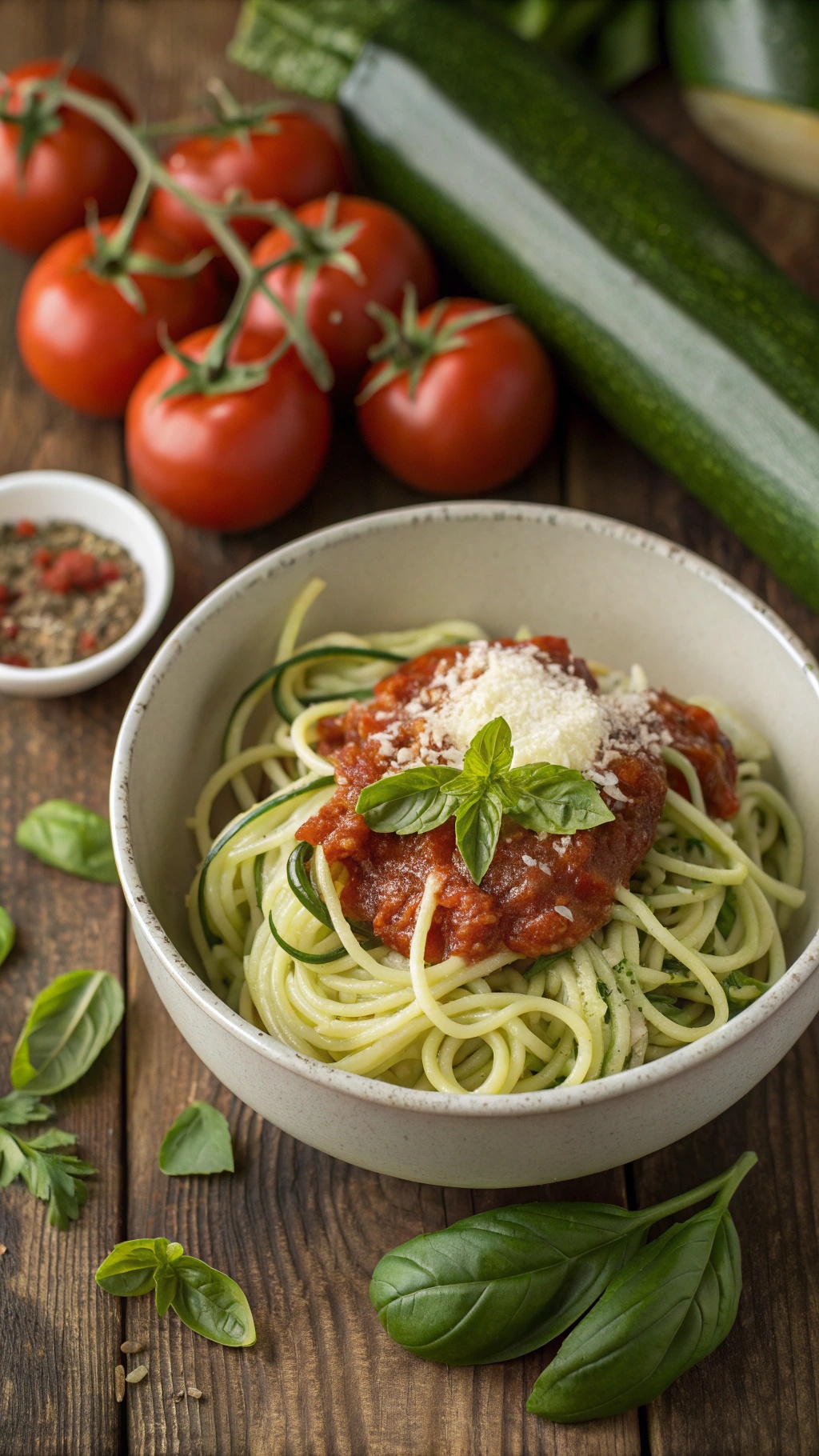 A bowl of zucchini noodles topped with light marinara sauce and fresh basil, surrounded by tomatoes and zucchini.