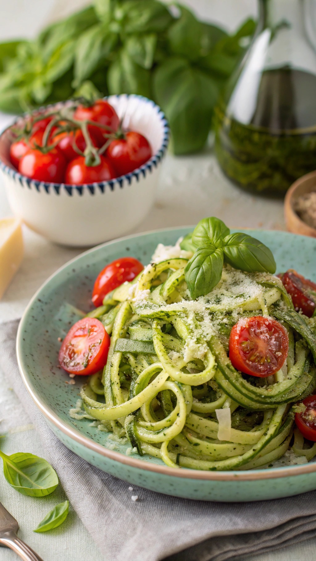 A plate of zucchini noodles with pesto and cherry tomatoes garnished with basil.