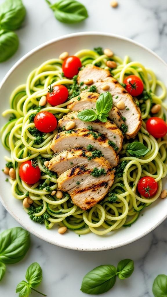 A plate of zucchini noodles topped with grilled chicken, pesto, cherry tomatoes, and pine nuts.